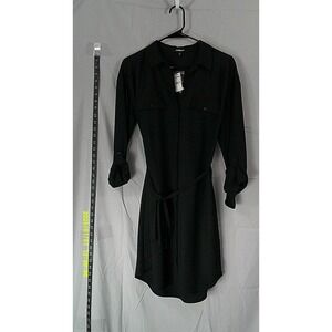 Express Womens Black Long Sleeve Button Down Shirt Dress Belted Medium M